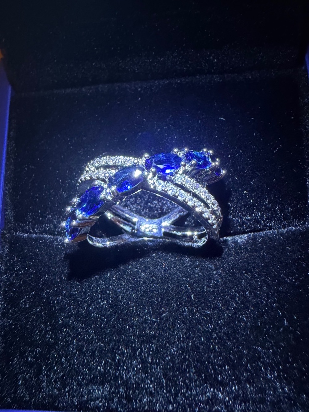 Blue and White Sapphire Crossover Ring: 14kt White Gold/Silver